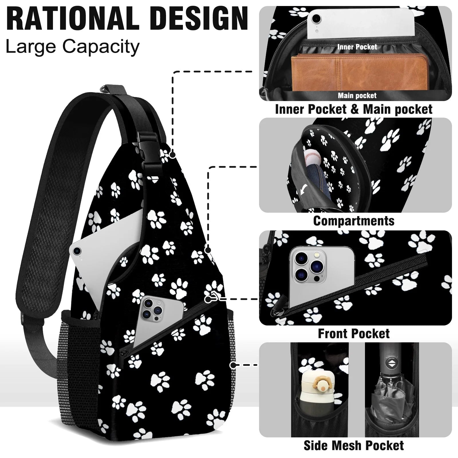 Sling Bag Backpack for Men Women Vacekoe Crossbody Shoulder Chest Day Pack Outdoor Travel Camping Daypack Dog Footprints