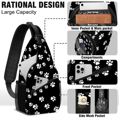 Sling Bag Backpack for Men Women Vacekoe Crossbody Shoulder Chest Day Pack Outdoor Travel Camping Daypack Dog Footprints