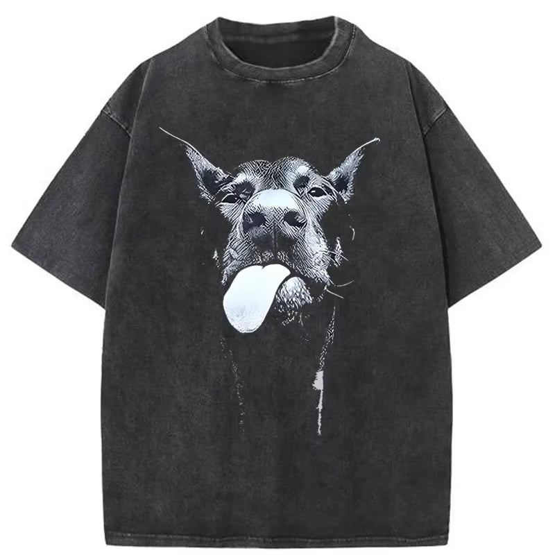 Men Gothic Letter Dog Printed T-Shirt Hip Hop Streetwear Punk Summer Vintage Washed Oversized T Shirts Tops Men Clothing